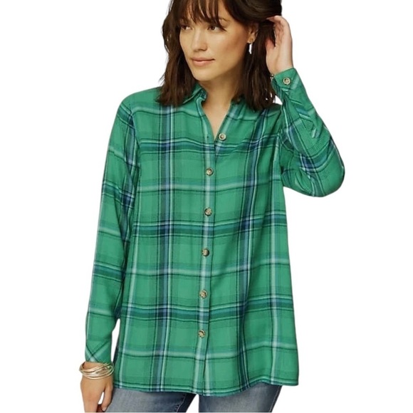 J Jill Plaid Button Front Tunic Top, Green - Size Small Tall - Picture 1 of 8